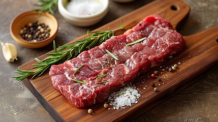 Fototapeta premium A raw hanger steak placed on a rustic wooden wooden board, surrounded by fresh rosemary sprigs, black peppercorns, and crushed garlic, soft natural light creating gentle shadows,