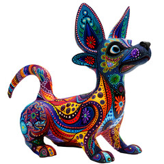 Vibrant and detailed alebrije sculpture of a colorful dog-like creature