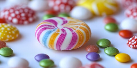 A detailed close-up of a multicolored candy surrounded by colorful sweets, emphasizing the vibrant confectionery variety.