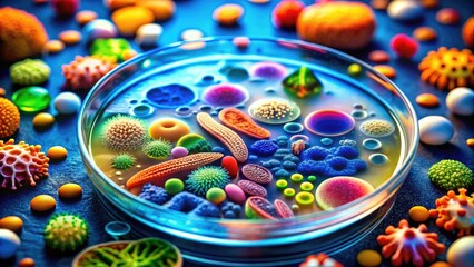 Colorful microscopic image of various microorganisms, bacteria, and cells on a petri dish, highlighting advanced scientific research in microbiology and laboratory testing.