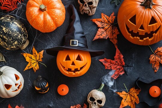 A collection of pumpkins with carved faces, a witch hat, and autumn leaves creating a spooky Halloween scene.
