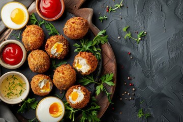 Mini Scotch Eggs served as appetizers on a rustic platter, surrounded by dipping sauces, with ample copy space.Scotch egg.Scottish cuisine.British cuisine.