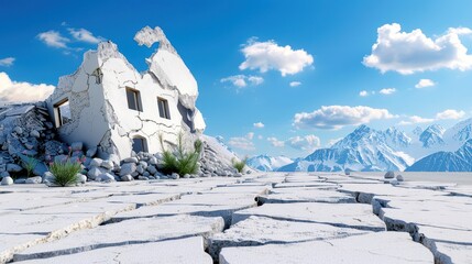 Ruined house amidst a cracked, dry landscape with mountains and blue sky. Symbolic of abandonment, decay, and nature's power.