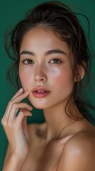 Fototapeta premium Serene Asian Beauty in Elegant Pose on Emerald Green Background with Natural Light, Hand Touching Face