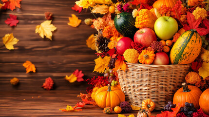 A basket overflowing with fall produce like apples, pumpkins, and squash against a rustic wooden backdrop.