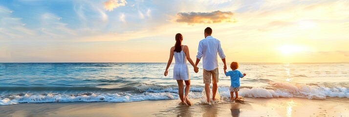 Happy family walking on the beach at sunset, enjoying quality time together and making memories by the ocean.