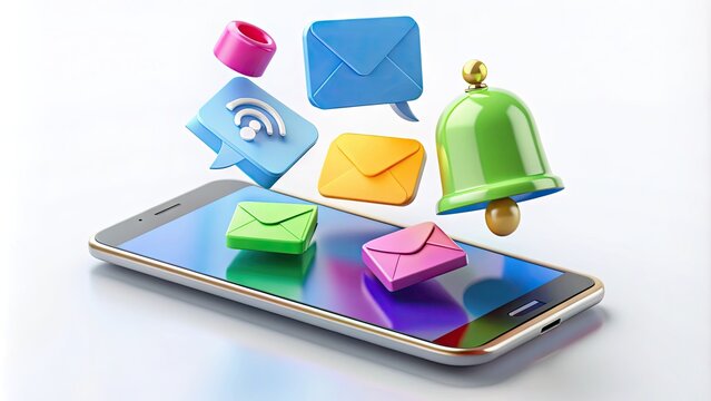 Colorful notification icons, including bell, envelope, and chat bubble, overflow from a smartphones screen, symbolizing overwhelming digital communication and alerts in modern life.