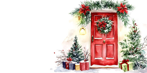 Watercolor greeting card illustration with Christmas decorated door on white background