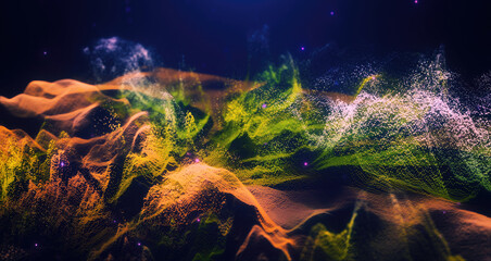 Obraz premium Abstract moving futuristic landscape of particles and dots of energy magic with glow and blur effect, abstract background