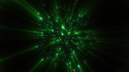 Abstract green glowing energy  sphere molecule nucleus atom round background with flying blurred dots bokeh particles
