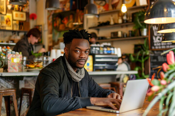 Fototapeta premium African American man working on a laptop in a cozy cafe setting