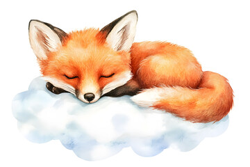 Obraz premium Watercolor cute fox sleeping on a cloud isolated on white background 