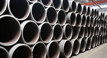 Steel pipe or aluminum and chrome stainless pipes in stack in warehouse