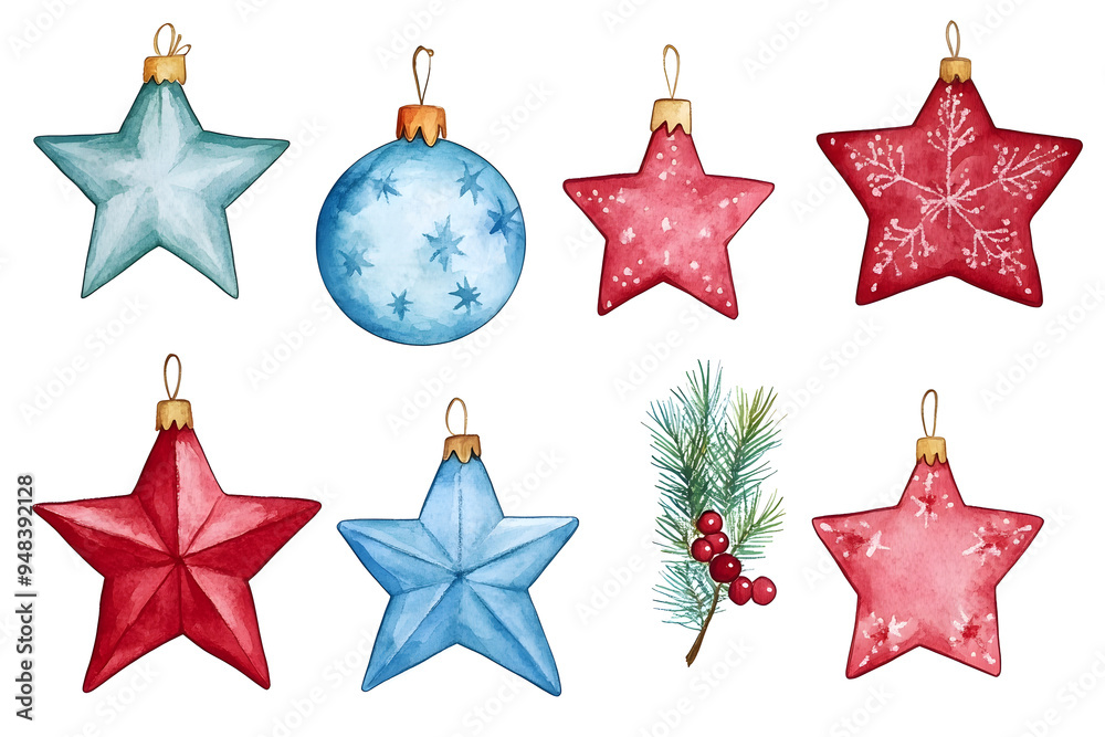 Sticker watercolor collection of christmas stars isolated on white background