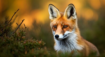 Fototapeta premium Autunno, composizione con simpatica volpe in un parco, sfondo con foliage e colori autunnali