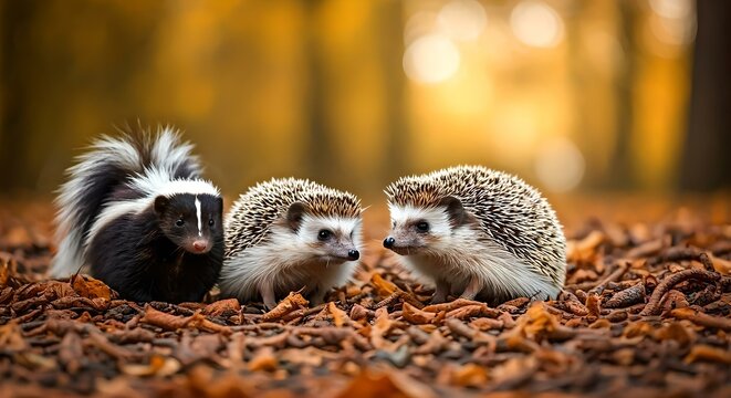 Autunno, composizione con ricci e puzzola in un parco, sfondo con foliage e colori autunnali