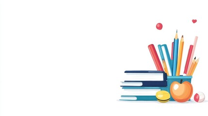 Fototapeta premium Colorful education banner with books and school supplies illustration