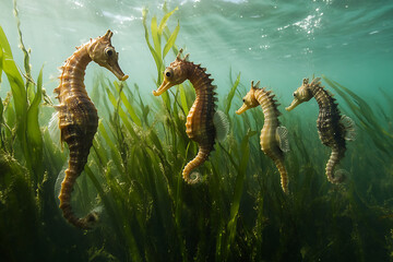 A group of seahorses swimming among underwater plants in a serene aquatic environment.