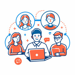 Remote Team Collaboration Illustration, Modern Line Art Style, Virtual Communication Concept