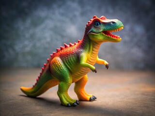 Fototapeta premium Colourful plastic toy dinosaur standing upright on a grey background, captured in high-angle shot with soft focus and warm lighting in Gomel, Belarus.