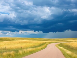 Fototapeta premium Winding dirt road through golden fields under dramatic stormy skies in the countryside