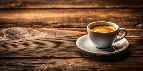 Close-up of a fresh cup of espresso coffee sitting on a rustic wooden table