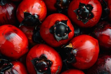 Guarana.Guarana fruits.Guarana seeds.Guarana powder.Brazilian soda. Close-up of vibrant guarana fruits with their distinctive red shells and black seeds, with ample copy space.