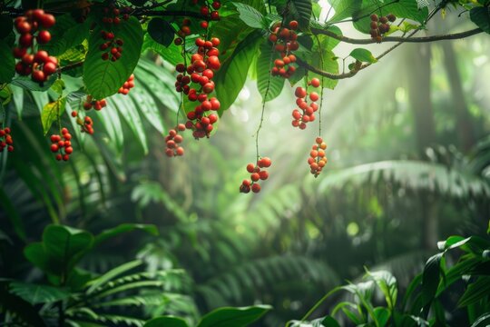 Guarana.Guarana fruits.Guarana seeds.Guarana powder.Brazilian soda. Guarana berries hanging from lush green vines in a tropical rainforest, with ample copy space