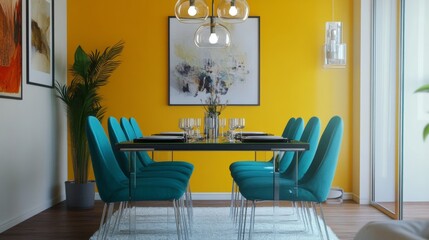 A bright yellow room with a blue chair at the center of the table