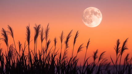 夕暮れに浮かぶ満月と草原