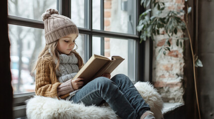 Adorable little girl, sitting by the window with a book, cozy outfit, modern loft-style home,