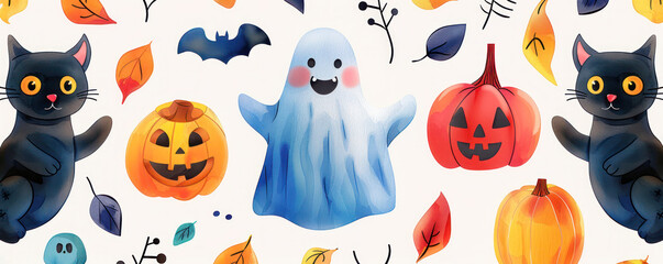Naklejka premium A cheerful Halloween illustration featuring jack-o'-lanterns, a ghost, black cats, and colorful autumn leaves.