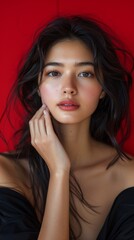 Fototapeta premium Serene Beauty: Intense Gaze of an Asian Woman on Bold Red Background, Hand Touching Face in Natural Light