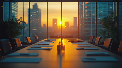 A large conference table overlooking the city skyline with the nice light of dawn coming through the window. The table is set for a meeting with several chairs around it. minimalist decoration concept