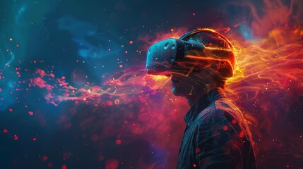 A person experiences virtual reality with a headset, immersed in a colorful digital world filled with vibrant lights and abstract patterns