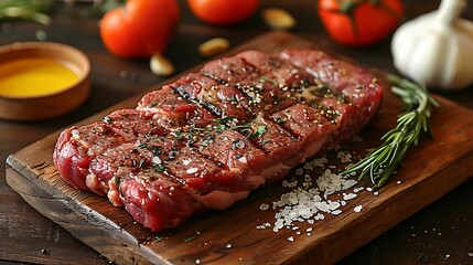 Obraz premium A raw sirloin steak on a wooden wooden board, garnished with garlic cloves, fresh herbs, and sea salt, warm golden hour light casting soft shadows, rich, warm tones,