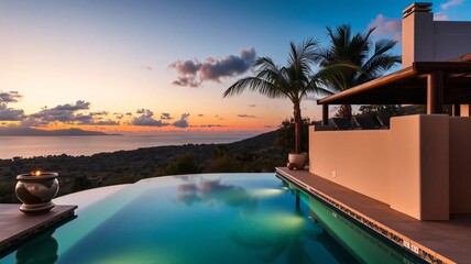 Fototapeta premium luxurious home with swimming pool, outdoor living concept with private oasis, modern minimalist architecture design looking out to the horizon in the evening