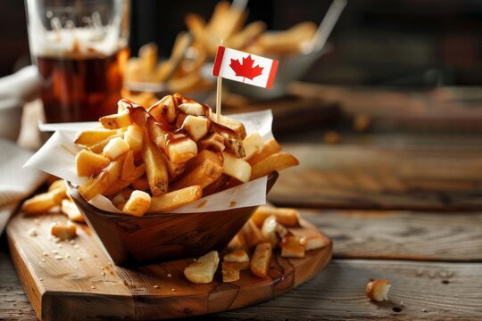 Canadian Poutine.Cheese curds.Poutine.Brown sauce.Traditional Canadian poutine with a maple leaf flag toothpick, served on a wooden board with ample copy space