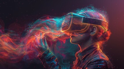 A person immerses in a colorful virtual reality experience, surrounded by vibrant abstract visuals during a creative technology event