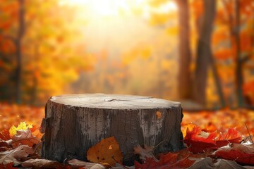 Tree stump in fall forest