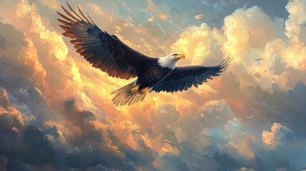 Majestic Bald Eagle Soaring Through Golden Clouds