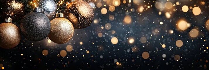 Glittering Christmas background with gold and silver baubles on a dark background 