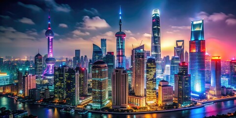 Fototapeta premium Contemporary City Skyline Nightlife Urban Culture Art Deco Architecture Neon Lights City Lights Dark Background