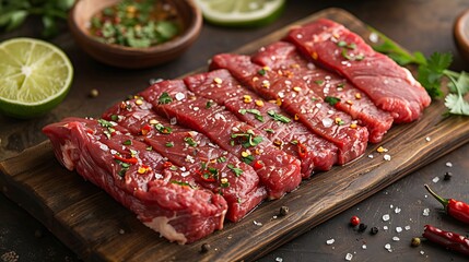 A raw skirt steak on a weathered wooden board, surrounded by chili flakes, fresh cilantro, and lime slices, soft natural light from the side, vibrant colors, rich textures,