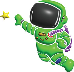 Cute astronaut cartoon wearing a green space suit complete with a big black helmet, floating in outer space while reaching out towards a bright yellow star