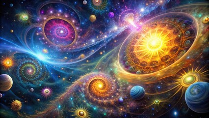 Cosmic Cellular Division: Ethereal, swirling cells, starbursts, iridescent colors, celestial
