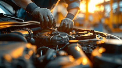 A mechanic repairs a car engine at sunset, with warm light illuminating the workspace and tools used for the task