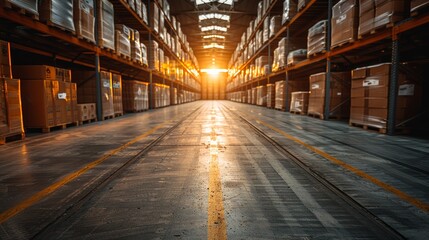 Naklejka premium Sunset light streaming through a warehouse filled with rows of stacked cardboard boxes in an industrial setting