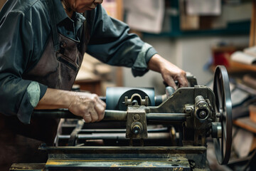 Obraz premium Manual Worker Operating Vintage Machinery in a Traditional Workshop