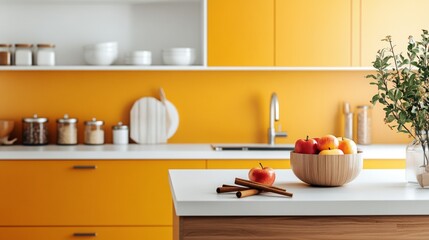 A kitchen with a yellow wall and a white countertop